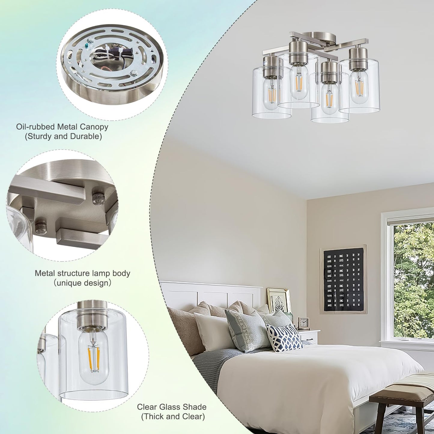 DIDUIO Semi Flush Mount Ceiling Light Kitchen Lighting Fixtures Ceiling Brushed Nickel Kitchen Cieling Light Fixtures with Clear Glass Shade for Dining Room Bedroom Living Room Hallway E26 Scoket