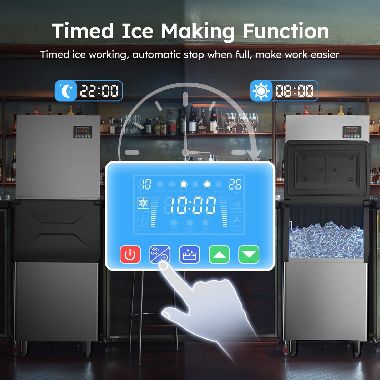 Commercial Ice Machine 760LBS/24H,Storage 650LBS,Large Industrial Ice Maker,Ice Ready in 5-15min,with Self-Cleaning Mode,with Timing Function,30 Levels of Ice Thickness Adjustment,Stainless Steel