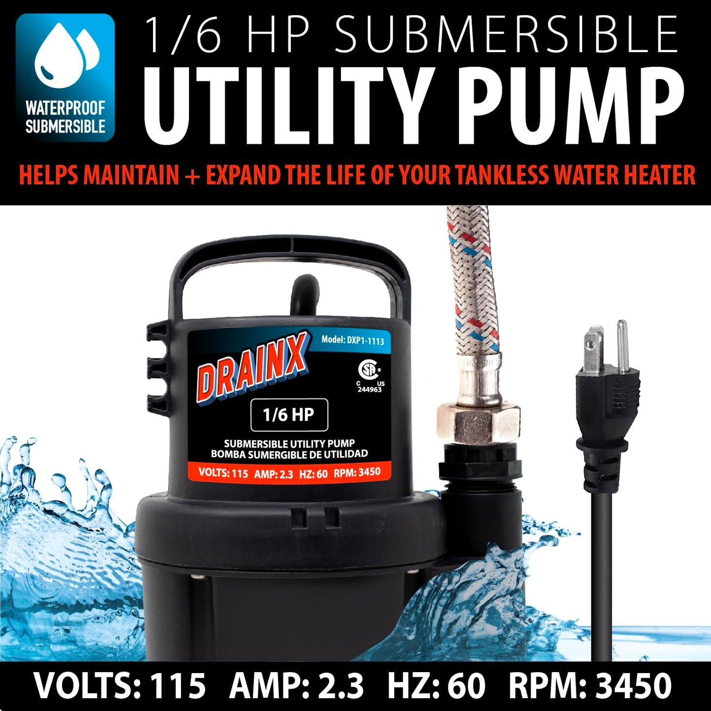 DrainX Tankless Water Heater Flushing Kit Includes Submersible Pump, Hoses, Liquid Descaler Solution, and Measuring Bucket