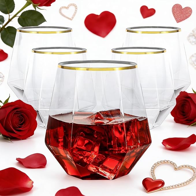 Goodluck 40 PCS Diamond Stemless Plastic Wine Whiskey Glasses, 12 Oz Disposable Cocktail Glasses, Suitable for Weddings, B...