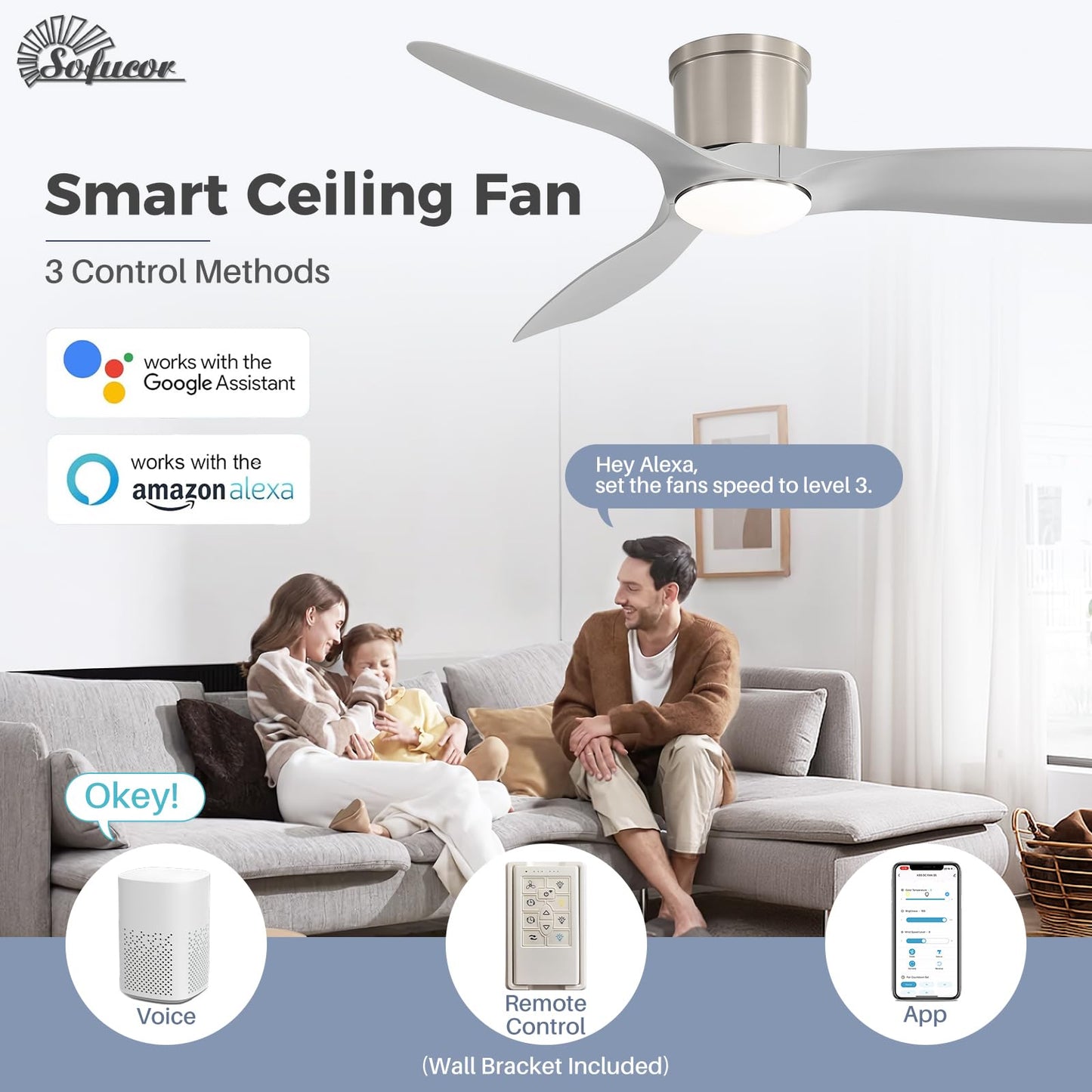 Sofucor 52 Inch Smart Ceiling Fan with Lights, Modern Low Profile Flush Mount Ceiling Fan with 6500CFM, Compatible with Alexa/Google/App, 3 Plastic Blade, Dimmable Timer Reversible DC Motor, ETL, ABS