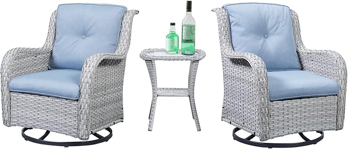 Belord Outdoor Swivel Rocker Patio Chairs Set of 3, High Back Swivel Patio Chairs Wicker Furniture Set, 2 PCS Rattan Swivel Rocking Chair with Side Table, Light Grey Wicker