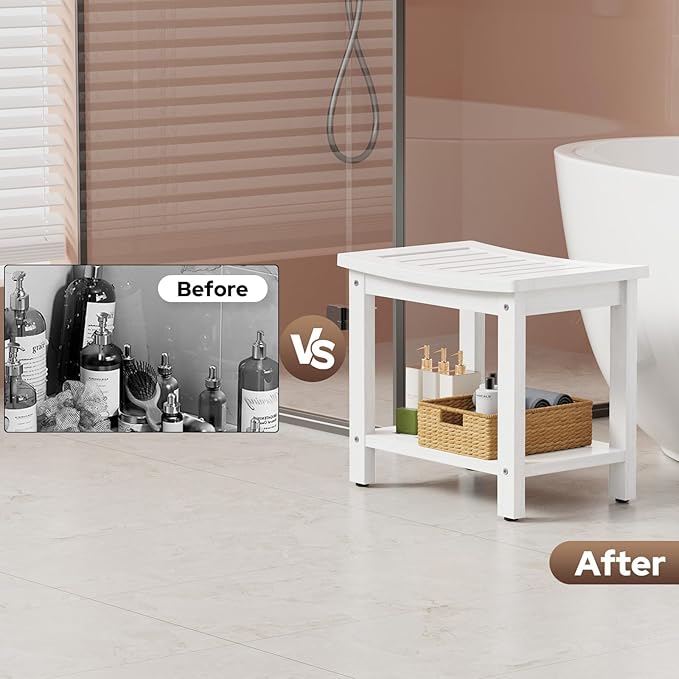 Psilvam Poly Lumber Shower Bench, Shower Stool with Storage Shelf, Shower Benches for Inside Shower Water Resistant & Non-Slip Design Shower Chair Seat for Bathroom, Living Room (White)
