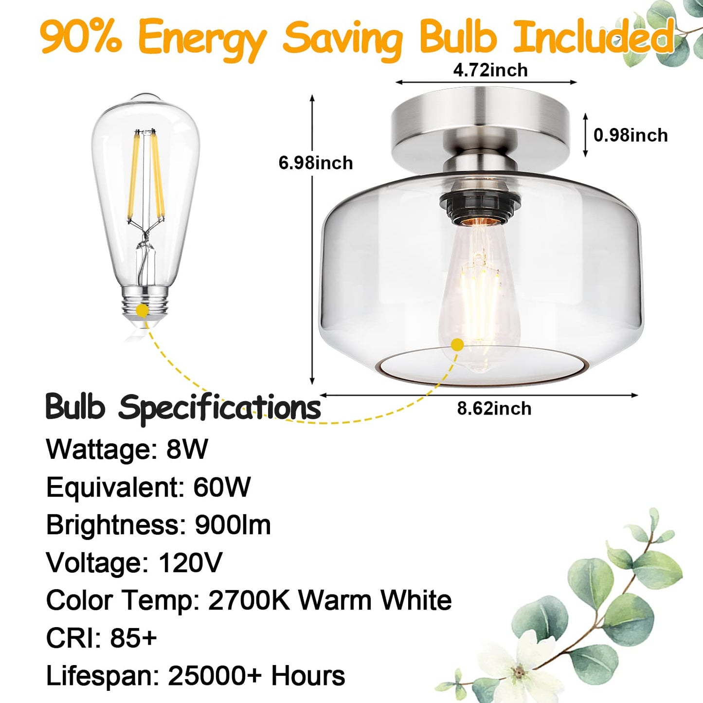 Industrial Semi Flush Mount Ceiling Light Brushed Nickel, 800 Lumen LED Bulb Included, Clear Glass Shade Ceiling Light Fixture, Farmhouse Light Fixture for Hallway Corridor Kitchen Bathroom Bedroom