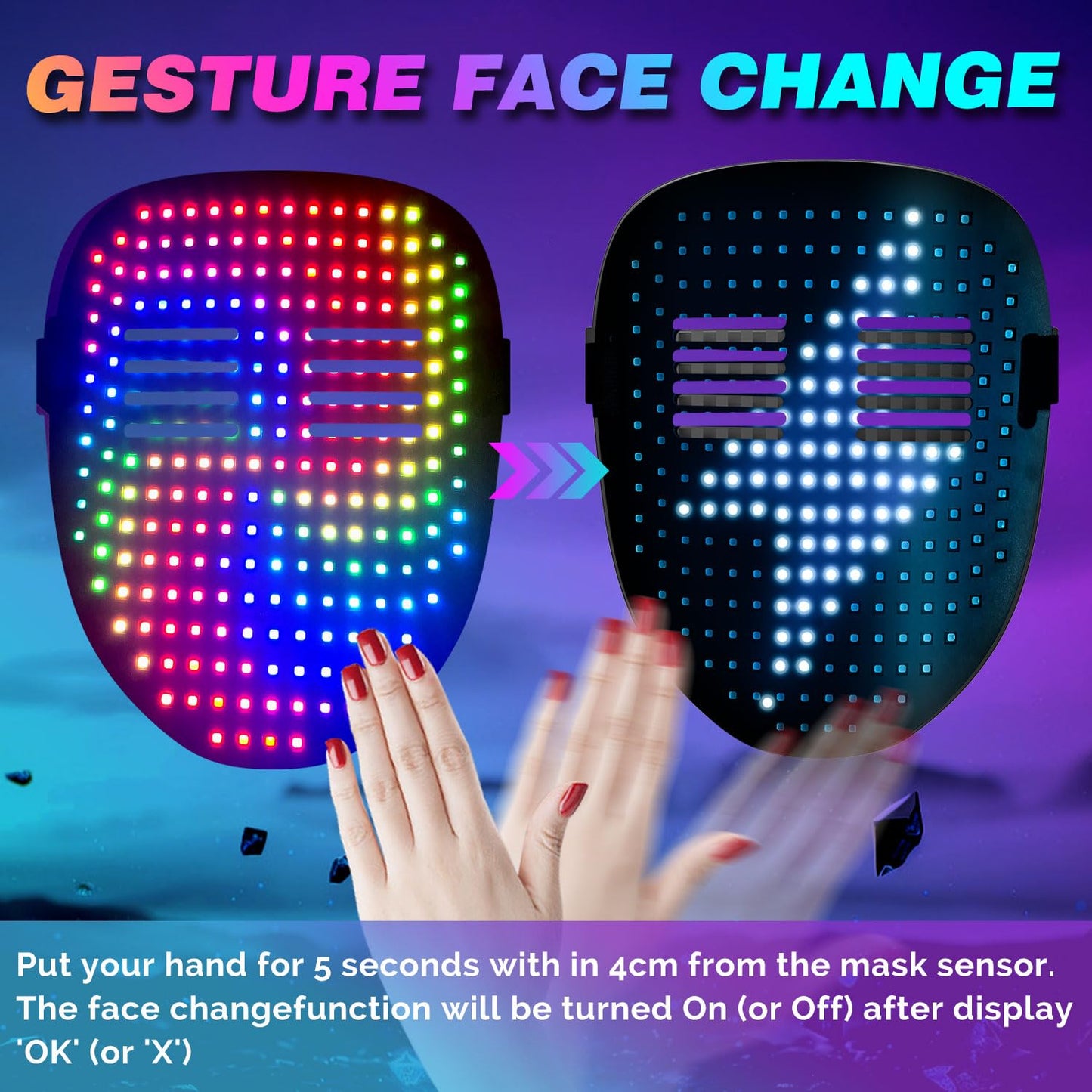 MEGOO Led Mask with Gesture Sensing Transforming,Light Up Luminous Digital Glow Mask for Halloween Rave Dj Party Masquerade