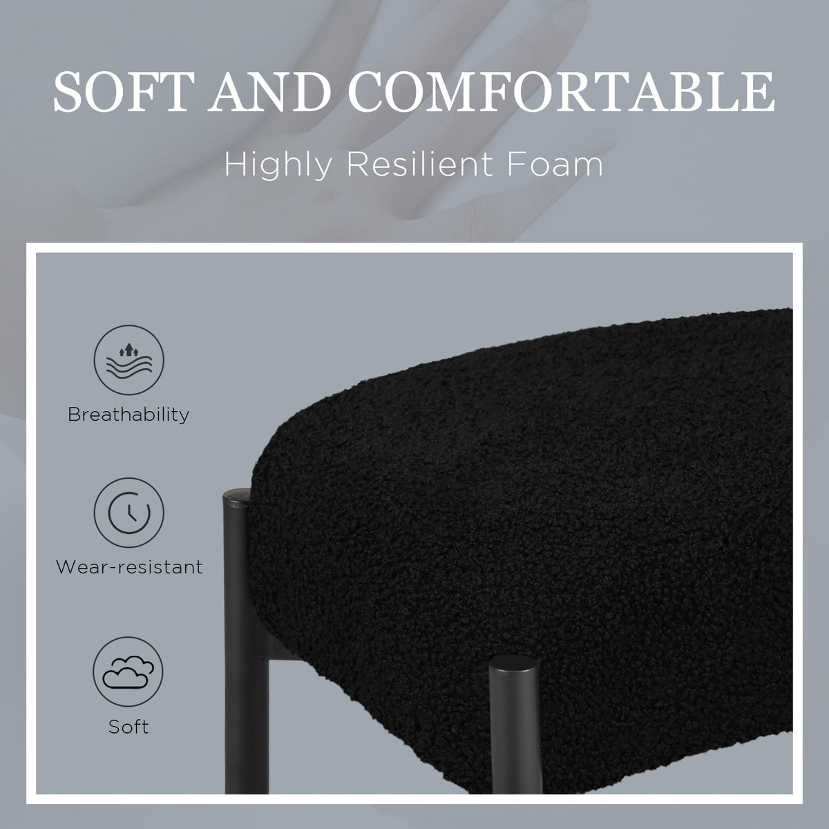MOOWIND Vanity Stool Chair Faux Fur, 16.3"L x 12.8"W x 17.3"H Soft Ottoman, Makeup Chair Bench Furry Padded Seat with 4 Metal Legs, Footstool Multifunctional Chairs for Bedroom, Living Room, Black