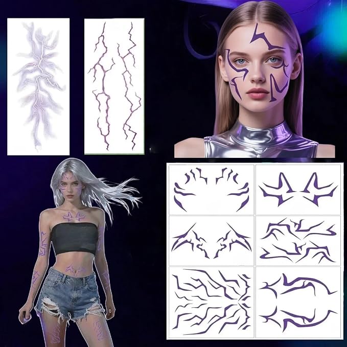 8PCS Halloween Korea-Pop Temporary Tattoo, Ombre Purple Tattoos Realistic Body Art for Hunter Costume, Cosplay, and Party Makeup