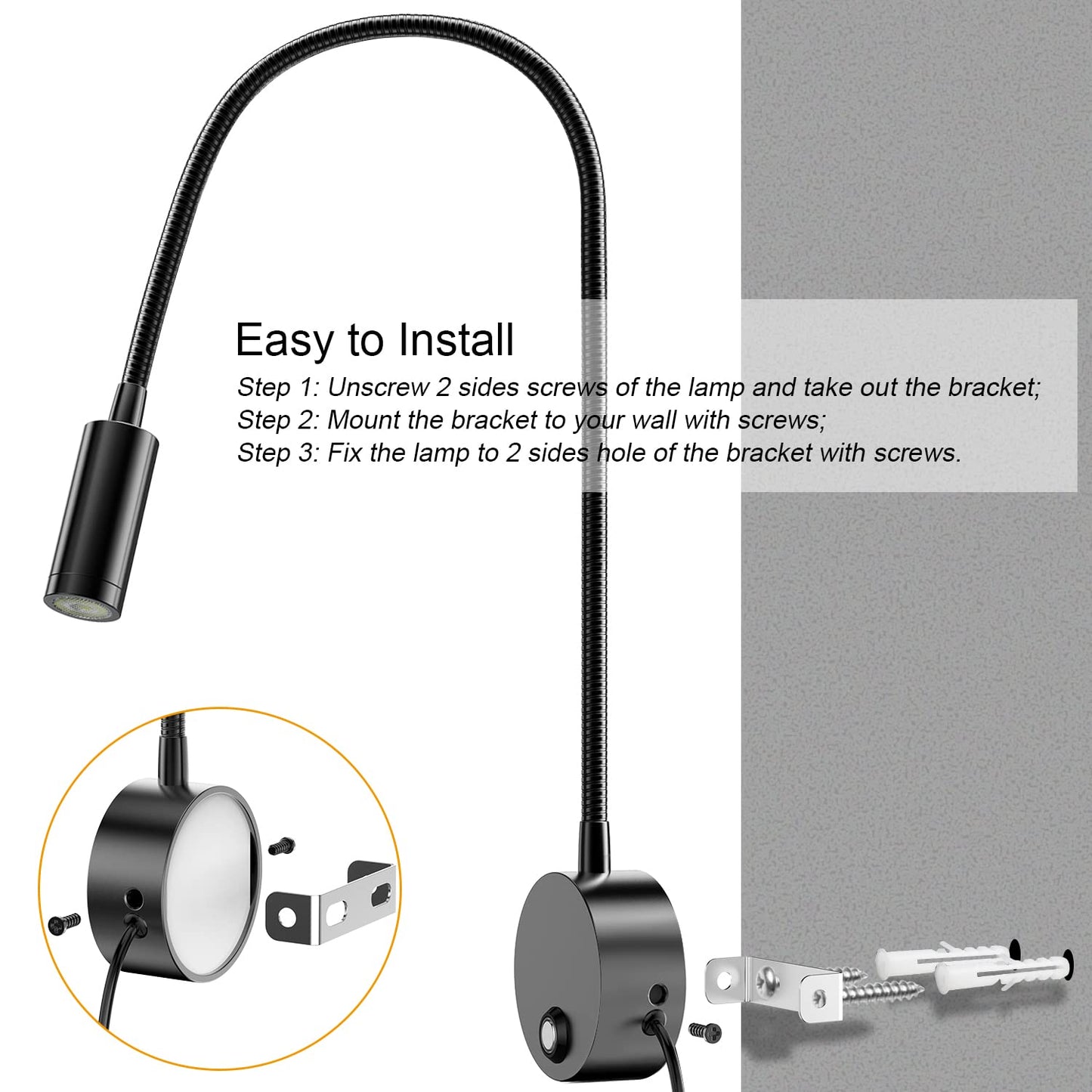 ERAY Plug-in LED Wall Mount Reading Light with 15" Flexible Gooseneck & USB Charging Port Dimmable Focused Bedside Reading Lights Black-1 Pack