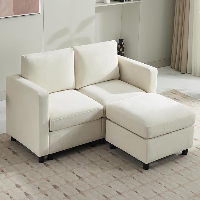 WUTUTUEE 58”Modular Sectional Loveseat Sofa with Storage, Comfy Office L Shaped Sofa Couch, Chenille Love Seat Modular Sectional Couch with Movable Ottoman for Living Room, Bedroom, Beige