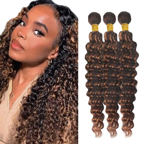 Giginger Bundles Human Hair Deep Wave Human Hair Bundles 18 20 22 Inch Brazilian Chocolate Brown Highlight P4/30 Unprocessed Quick Weave Soft Sewn In Hair Extensions for Black Women