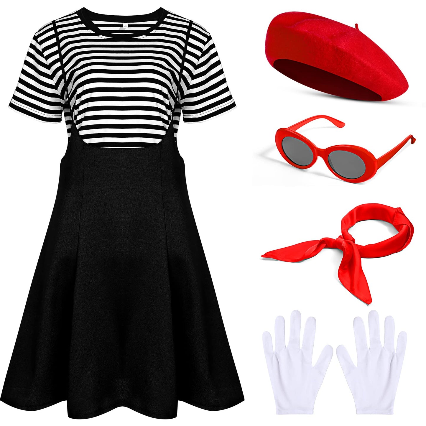Tisancy 6 Pcs Halloween French Artist Costume Women Outfit Dress, Striped T Shirt, Gloves, Beret, Scarf, Sunglasses(Red Beret,X-Large)
