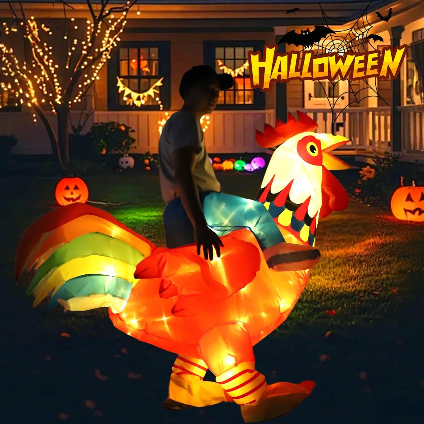 KINQUINN Inflatable Chicken Costume Adult with Lights, Funny Halloween Costume Ride on Rooster Costume for Party Christmas