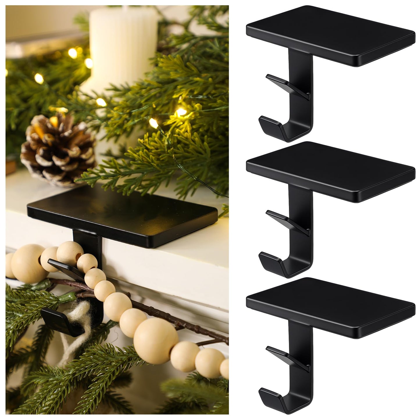 MorningRo 3 Pack 2 in 1 Fireplace Garland and Stocking Hangers Heavy Duty Metal Christmas Stocking Holder for Mantle Headphone Backpack Hooks for Fireplace Tabletop Xmas Decoration (Black)