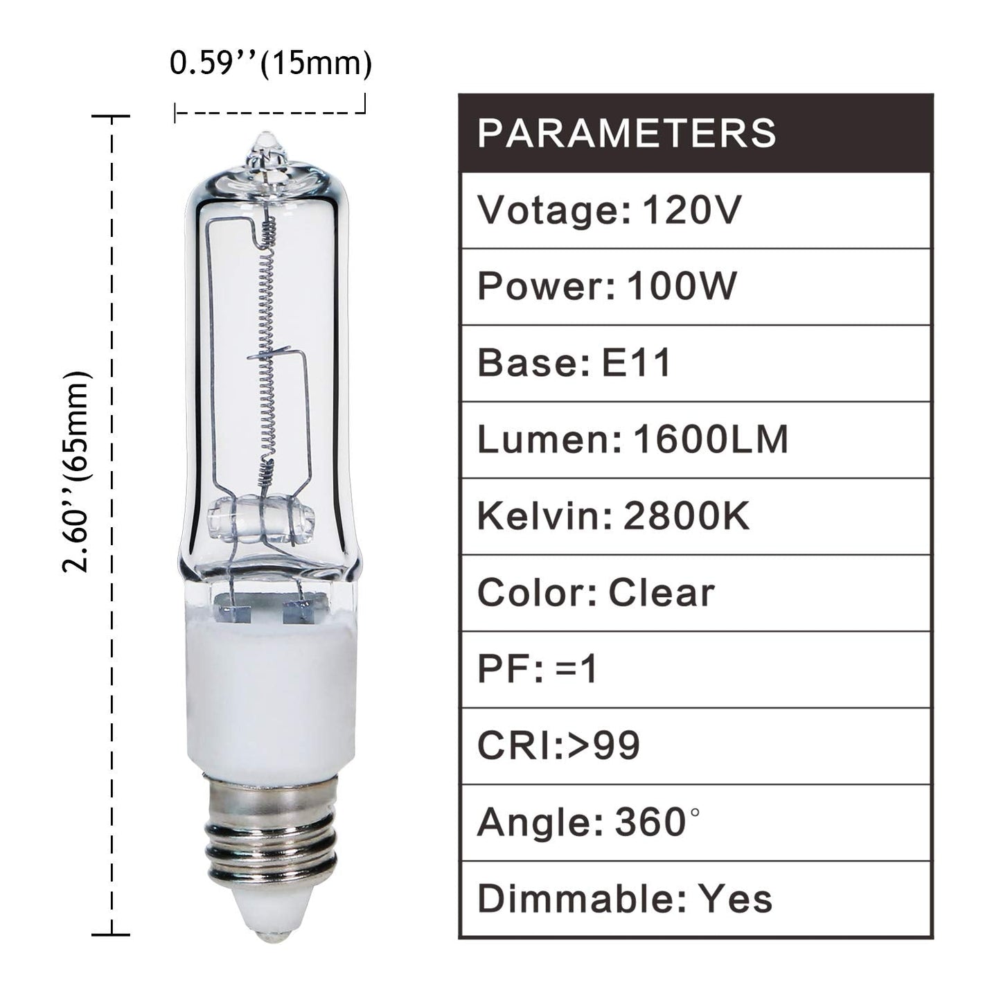 GMY JDE11 120V 100W T4 JDE11 Bulb, Mini Candelabra Base E11 Bulb, 1600lm 2800K Clear Dimmable 100 watt Halogen Light Bulbs for Ceiling fan light bulbs Replace E11 Led Bulb - 4Pack