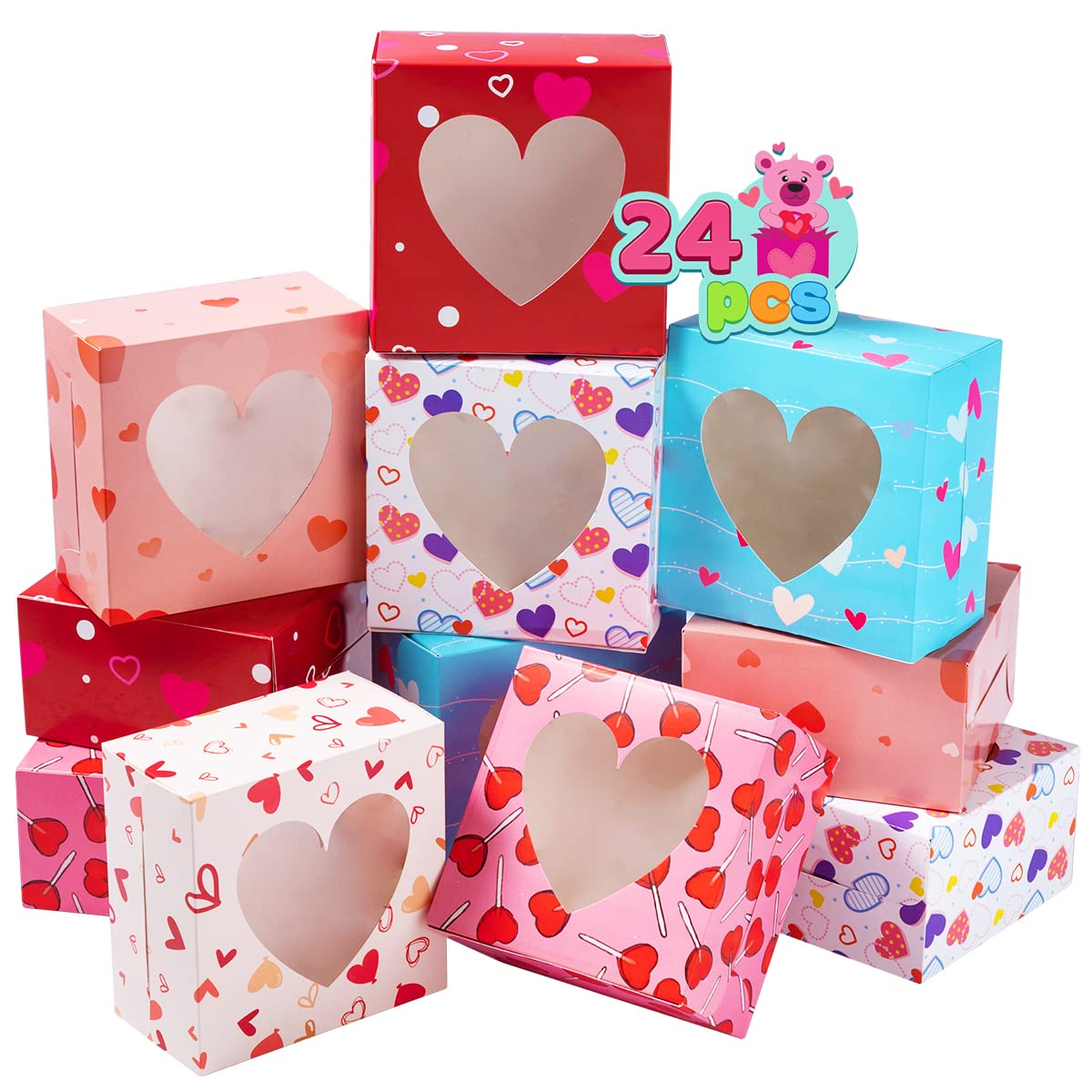 JOYIN 24 Pcs Valentine’s Day Bakery Treat Boxes, Valentines Cupcake Boxes, Cookie Boxes with Window for Holiday Pastries, Doughnut, Cookie, Cupcakes, Brownies, Truffles Gift Giving