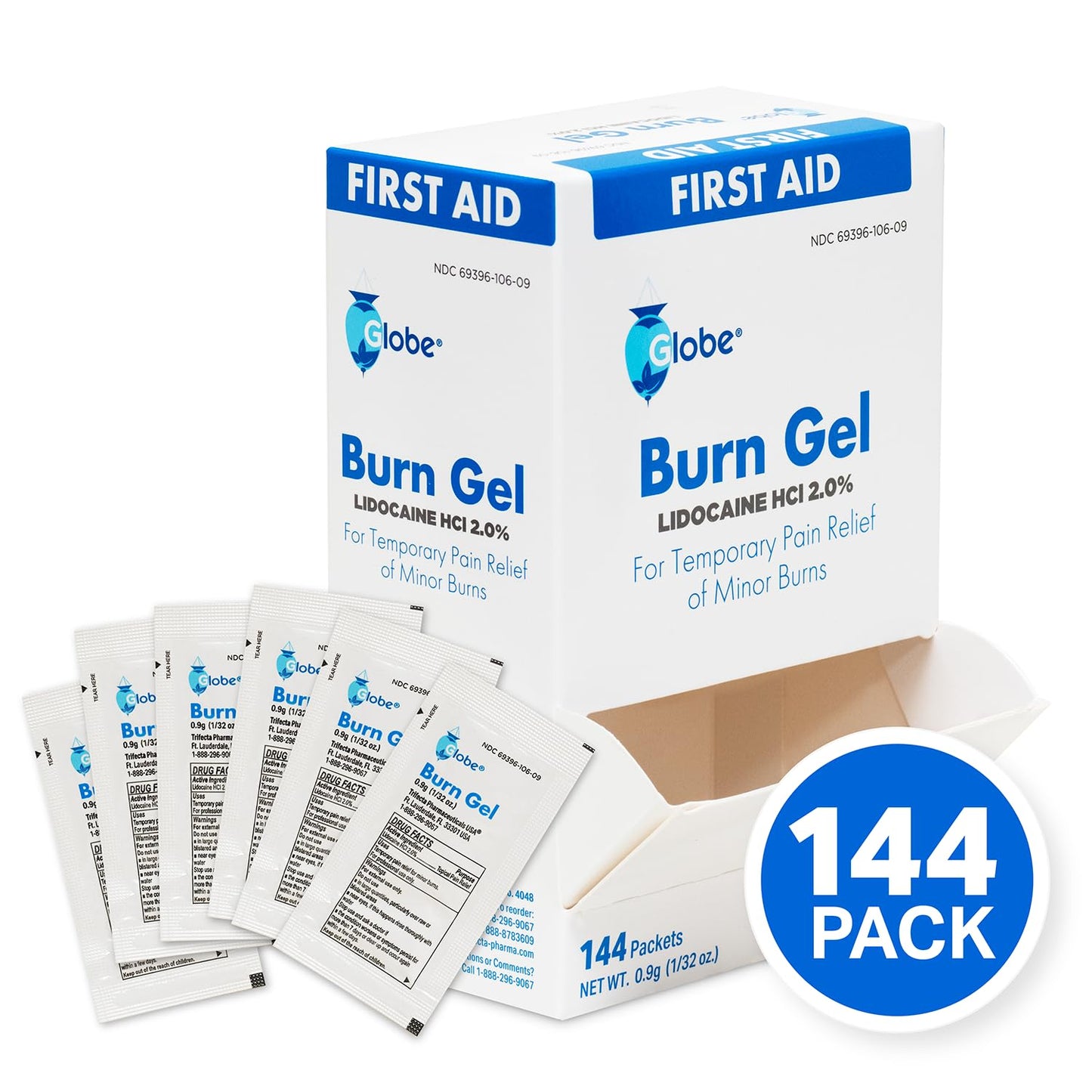 Globe First Aid Burn Gel with Aloe 0.9g Packets, (Box of 144) Advanced First Aid Gel for Temporary Relief of Minor Burns, Cuts, and Scrapes