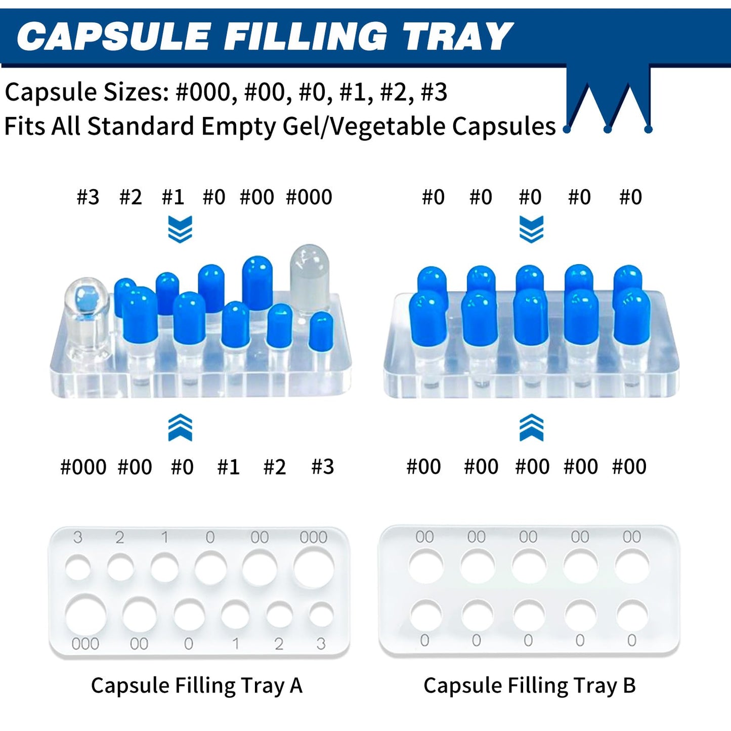 Capsules Filling Machine Tray Kit - 12Pcs Powder Tamper Capsule Holder Filler Maker Tool - Empty Gel Lab Scoops Tiny Spatula Micro Spoon Funnel Quick Fill Tools Size #000 00 0 1 2 3