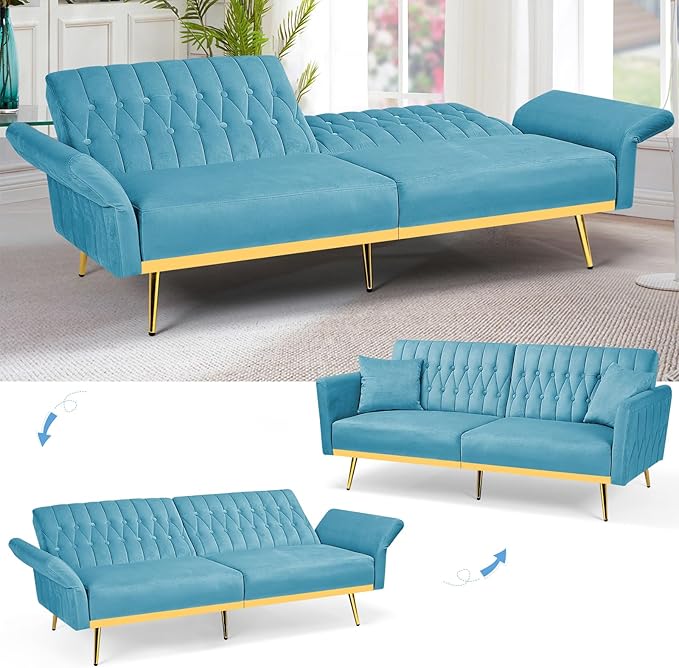 ACMEASE 70” Velvet Futon Sofa Bed with 2 Pillows and Adjustable Armrests, Convertible Sleeper Bed W/Adjustable Backrests, Modern Loveseat for Living Room, Bedroom, Baby Blue