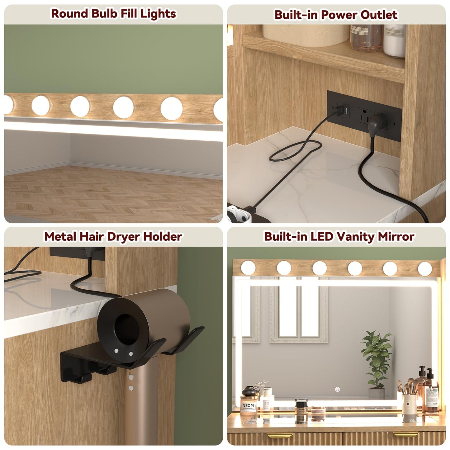 SFDOU 43" Fluted Makeup Vanity Desk with 32" Mirror and Lights, Modern Glass Top Large Vanity Table with 5 Drawers and 3 Storage Shelves, Dressing Table Set with Charging Station for Bedroom-Gray