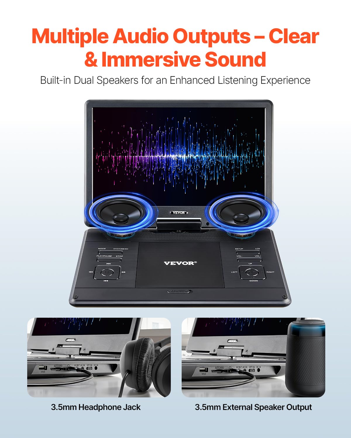 Vevor Portable Dvd Player, 14 Inch Hd Swivel Display Screen, 4.5-5 Hours Built-In Rechargeable Battery, Dual Speakers, Support S