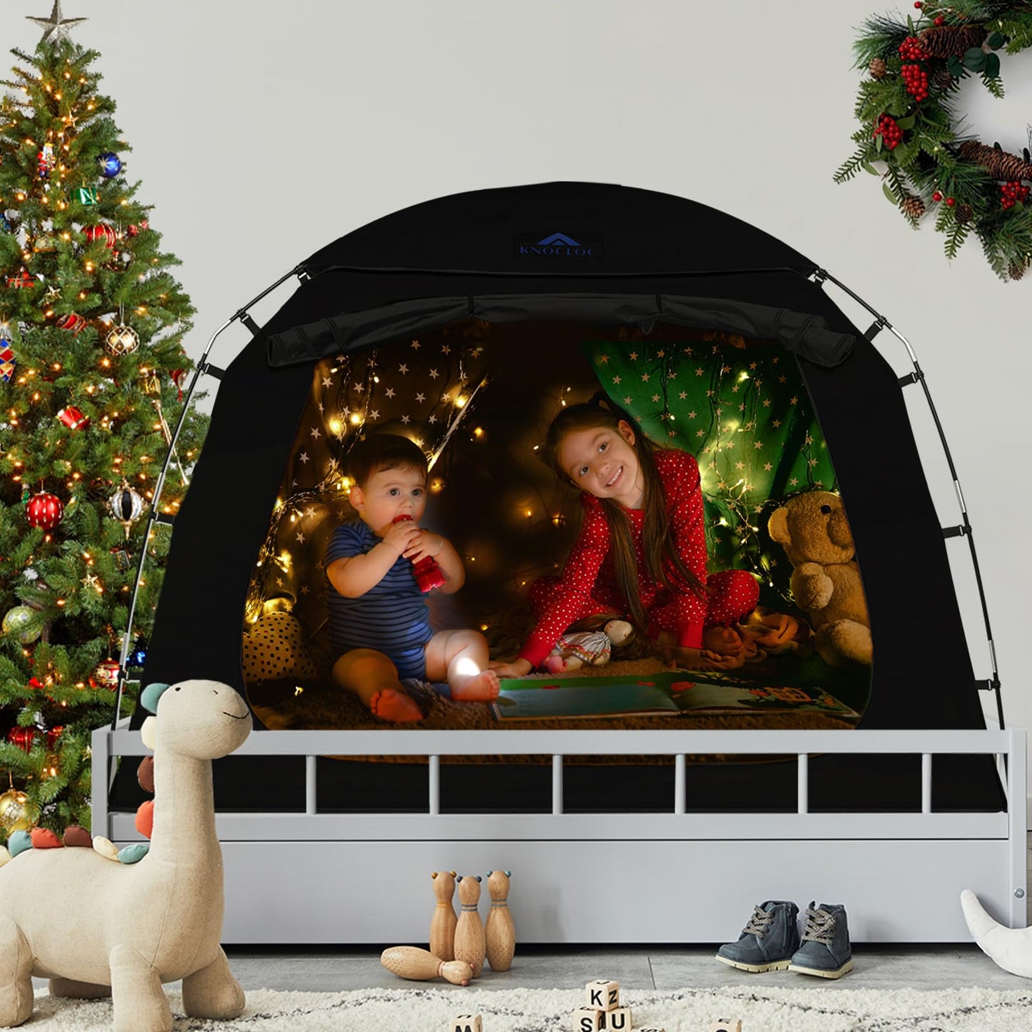 KNOCLOC Blackout Bed Tent Full Size for Kids & Adults Sleeping, CPC Certified Bed Canopy with 4 Doors & Large Top Vent for Privacy Protection & Room Sharing(Black, Full)