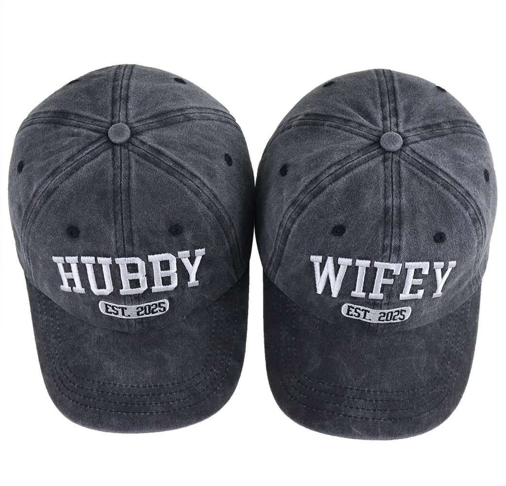 2 Pack Hubby Wifey Hats 2025, Couples Gifts for Bridal Shower Anniversary Honeymoon Engagement, Wedding for Him Her Wife Husband Mr Mrs Baseball Caps Black