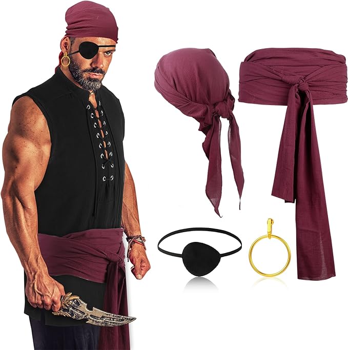 Boyiee 5 Pcs Men Pirate Costume Set for Women Adult Medieval Renaissance Shirt Bandana Sash Belt for Halloween Cosplay Party