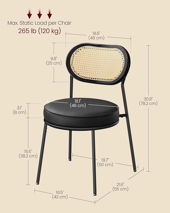 VASAGLE Dining Chairs, Set of 4 Accent Chair for Dining Room Kitchen, with Boho PE Rattan Back, Synthetic Leather Upholstery, Ink Black ULDC160B24