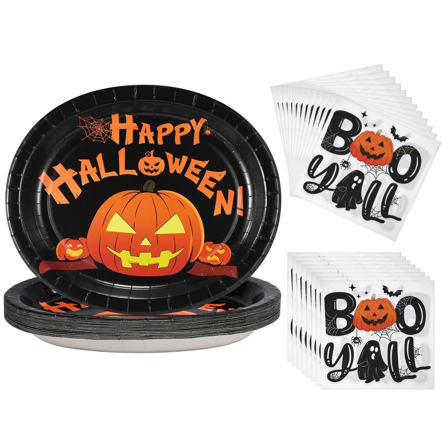 FATLBSEV 50Pcs Halloween Oval Paper Plates and Napkins Sets -10" x 12" Large Disposable Party Plates and 6.5'' Napkins for Halloween Party Supplies