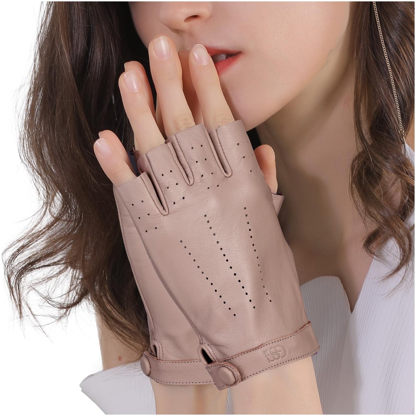 GSG Women Fingerless Sheepskin Leather Gloves & Half Finger Driving Gloves with Wrist Snap and Velvet Pouch & Soft Breathable Lambskin for Motorcycle Dance Cosplay Beige Small