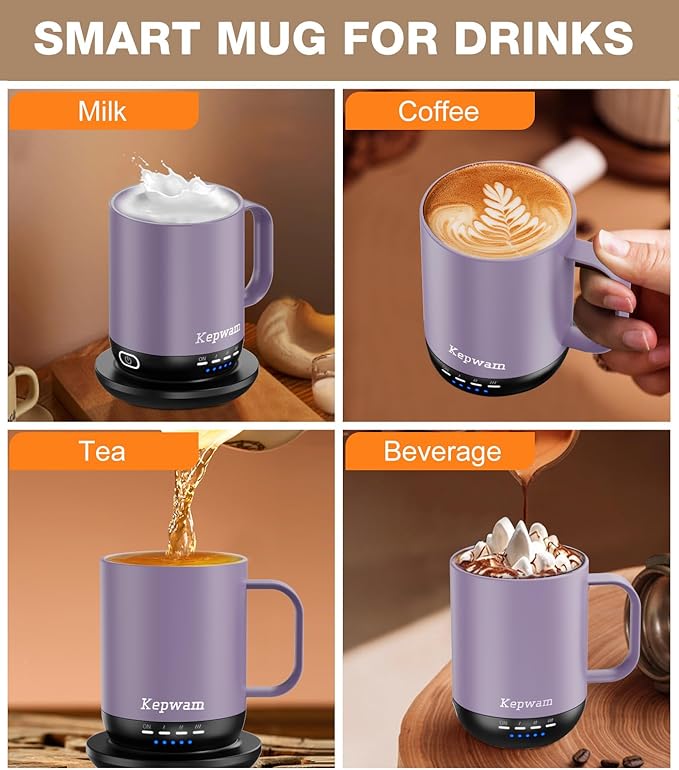Kepwam Heated Coffee Mug T1-14oz Fast Heating & Longer Battery Life Self Heating Coffee Mug Hot to 149℉ - Touch & App Controlled Mug Coffee and Hot Beverage Warmer, Gifts for Women and Men
