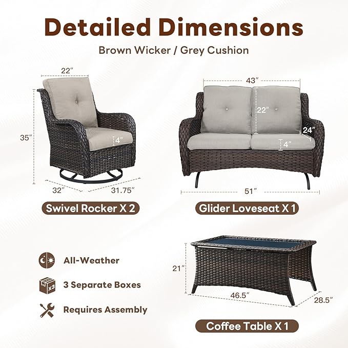Belord 4 Piece Patio Furniture Set - Outdoor Glider Bench with Swivel Rocker Chairs and Coffee Table, High Back Small Outdoor Conversation Furniture Sets for Deck Sunroom Balcony Backyard