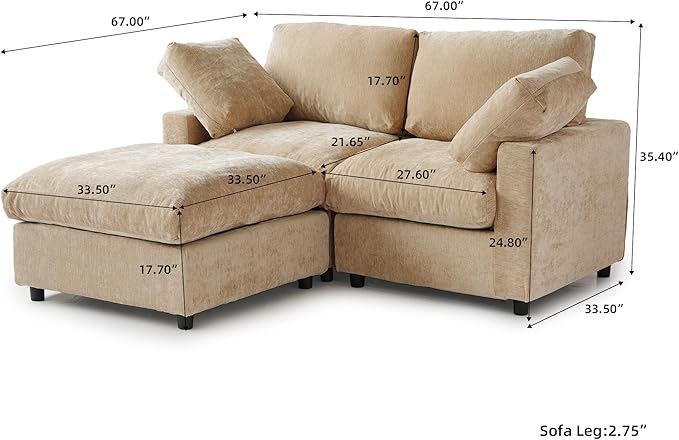 WJShome Cloud Couch Modular Sectional Sofa,67" L Shaped Couch, Convertible Wide Seater, 2 Seater+Ottoman for Living Room Set,Covers Washable&Replaceable,Khkai