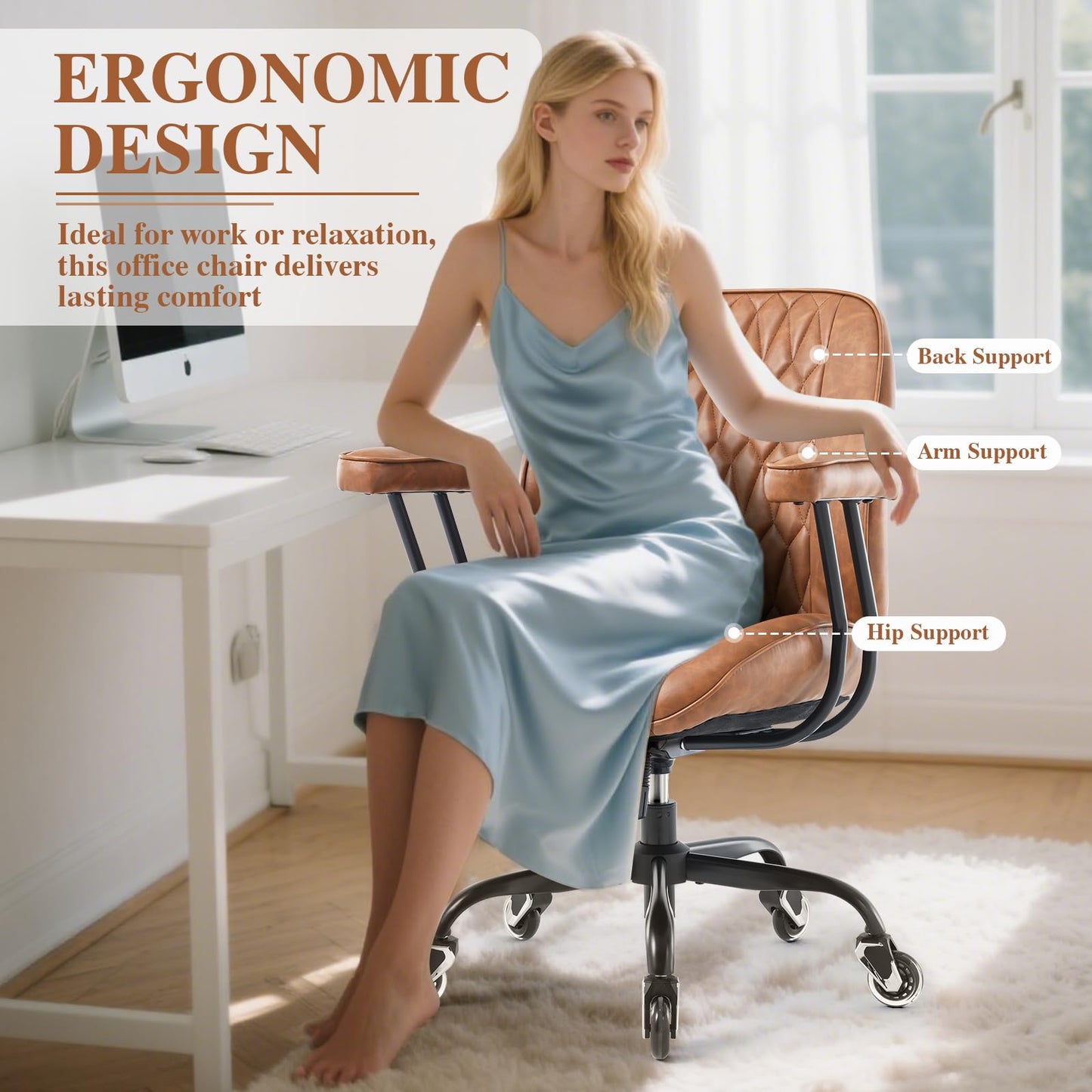 Home Office Desk Chair Mid-Century Modern Faux Leather Chair with Lumbar Support, Mid Back Ergonomic Computer Chair Swivel Rolling Executive Armchair