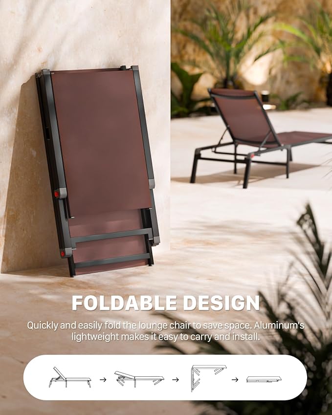 WOAJNQO Aluminum Patio Chaise Lounge Chair Set of 2 with Side Table,5-Position Adjustable Backrest,Foldable Lounge Chair Outdoor,Pool Lounge Chairs for Poolside,Lawn,Deck,Beach (Brown, 2 Pack+Table)