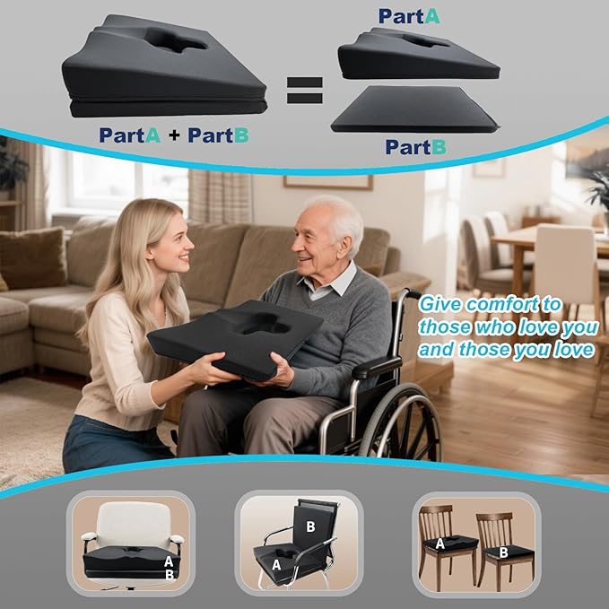 Rivquvi Gel Wheelchair Seat Cushion,Bed Sore Cushions for Butt,Office Chair Pressure Sore cushion,Memory Foam Pillow for bed,Pressure Ulcer Pain Relief,Relieve Sciatica,Coccyx,Washable Cover/Set Black