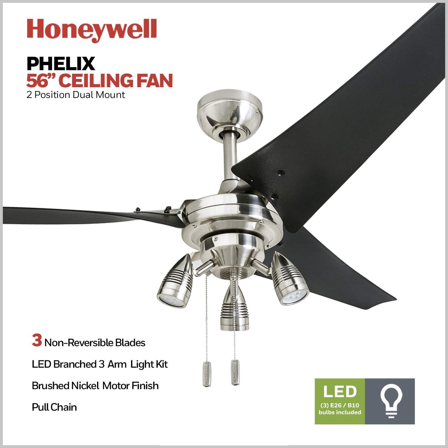 Honeywell Ceiling Fans Phelix, 56 Inch Contemporary Indoor LED Ceiling Fan with Light, Pull Chain, Dual Mounting Options, Modern High Performance Blades, Reversible Motor - 50611-01 (Brushed Nickel)