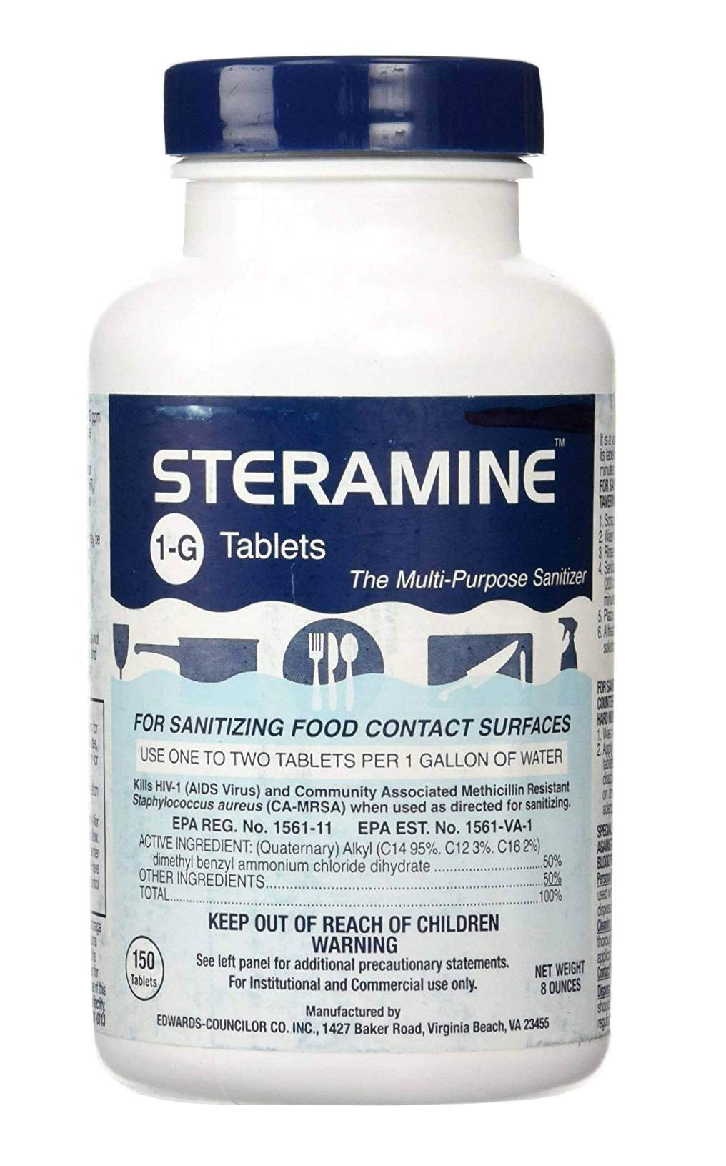 Edwards-Councilor S150E48 Steramine Sanitizer Tablets (Sanitabs) 150 Count Bottle - Pack of 6