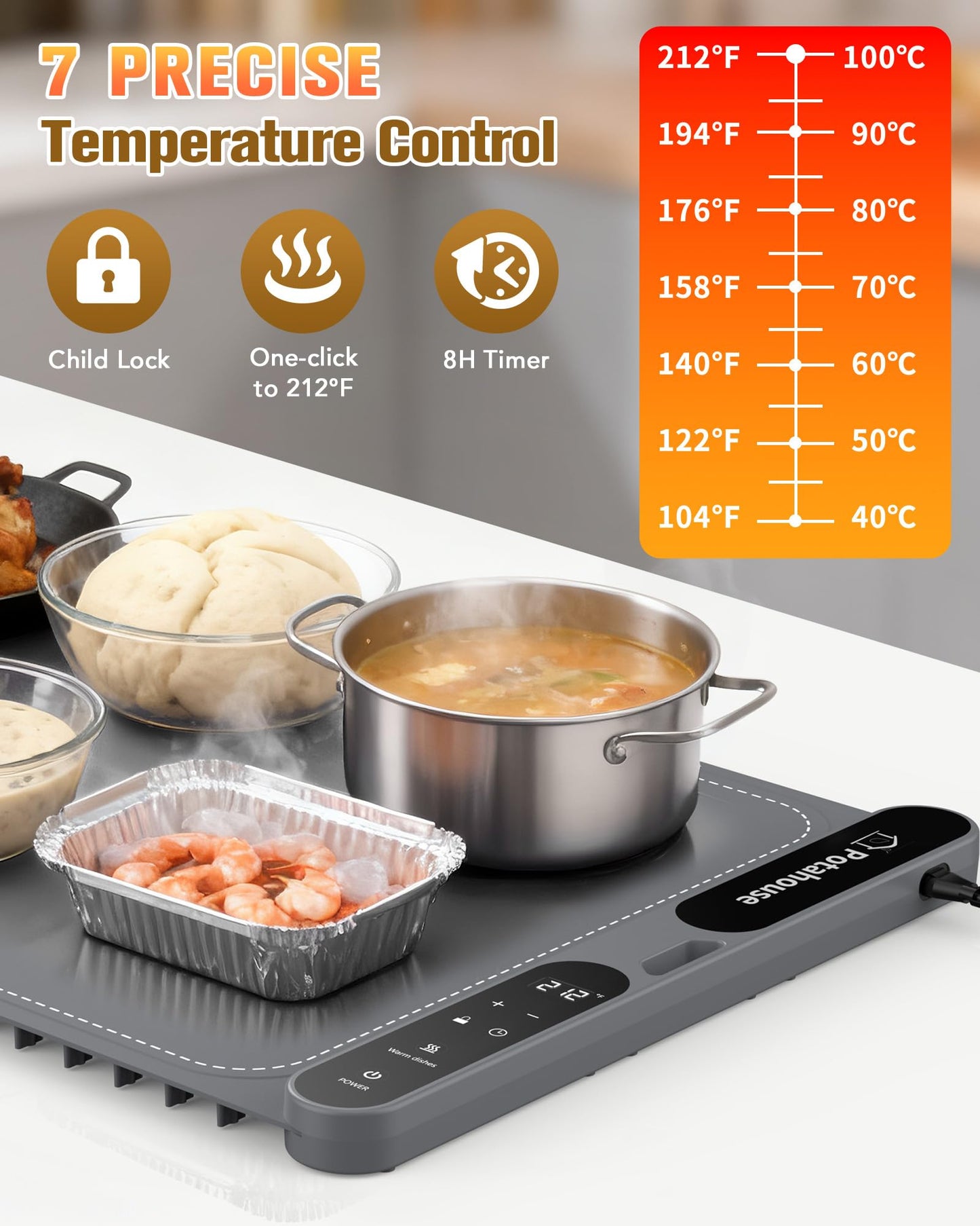 Potahouse® Food Warming Mat Extra Large 31"x15" 430W,Electric Warming Tray with 7 Temp 8 Timer Settings,Rollable & Portable Food Warmer for Parties,Buffet,Home and Travel Use