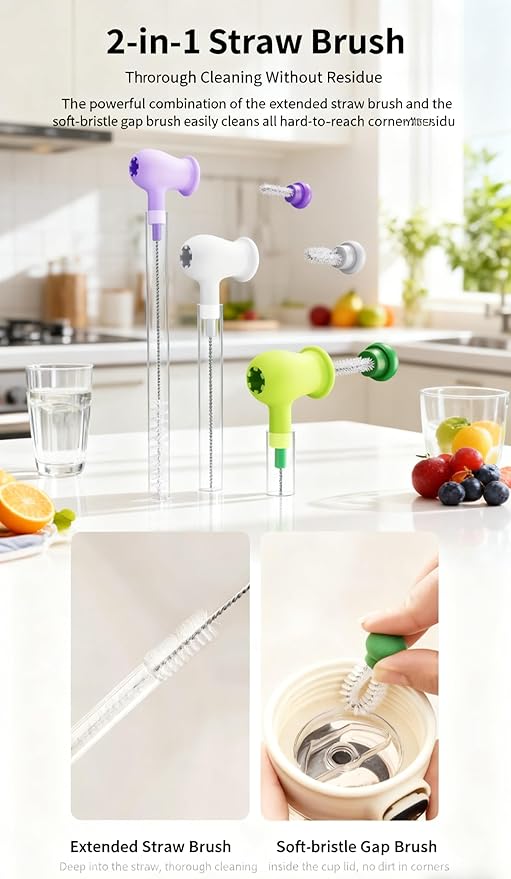 Pea Flexible Straw Brush, Multi-Functional Household Cup Lid Groove and Crevice Cleaning Brush (3-Pack)