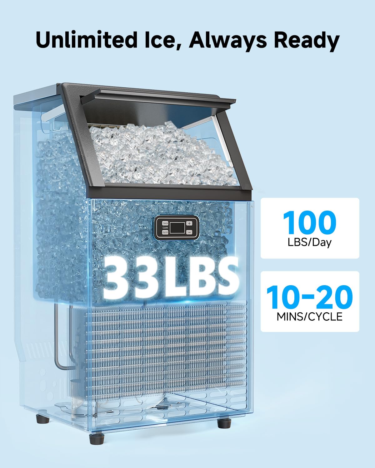 Feelfunn Commercial Ice Maker Machine - 100LBS/24H, 33lbs Storage Capacity, Stainless Steel Freestanding & Under Counter Ice Maker with Self-Cleaning, 24H Timer, Ideal for Home Bar Office Restaurant