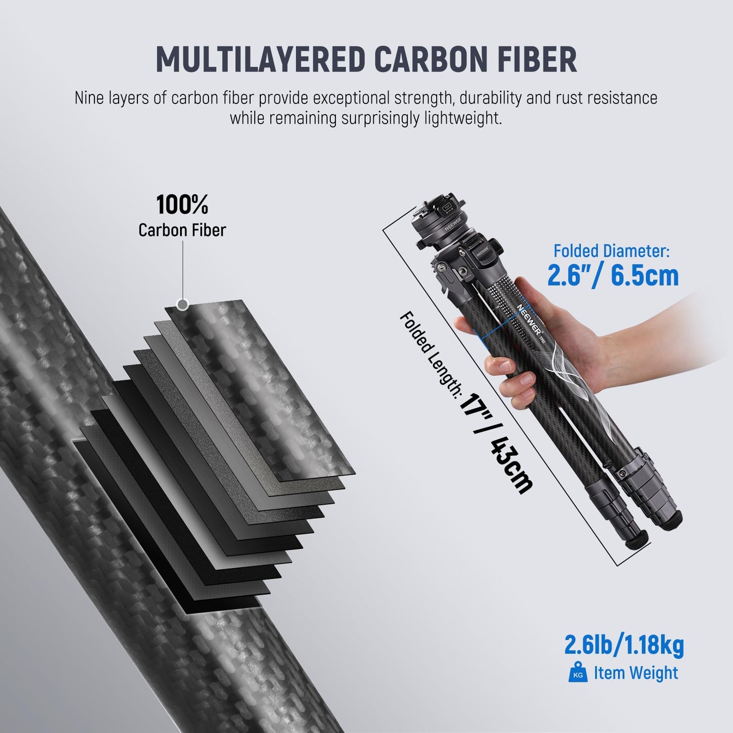 NEEWER LITETRIP LT32 62" Travel Tripod Carbon Fiber with ±15° Leveling 360° Panorama Head, Detachable Center Axis, Fast Flip Buckle, Arca QR Plate Compatible with PD, (Former TP62)