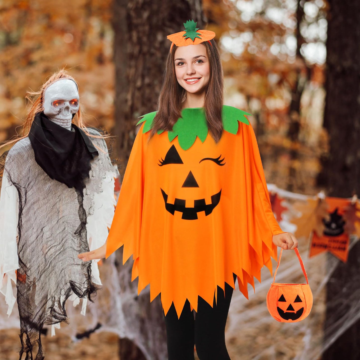 Snwquik 3 PCS Pumpkin Costume for Women, Adults Halloween Costume for Women,Pumpkin Poncho with Headband&Bag