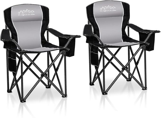 SAILARY 2PCS Folding Camping Chair Portable Outdoor Heavy Duty Padded Chairs Lawn Chair with Cup Holder, Storage Pocket and Cooler Bag, Supports 450LBS Black