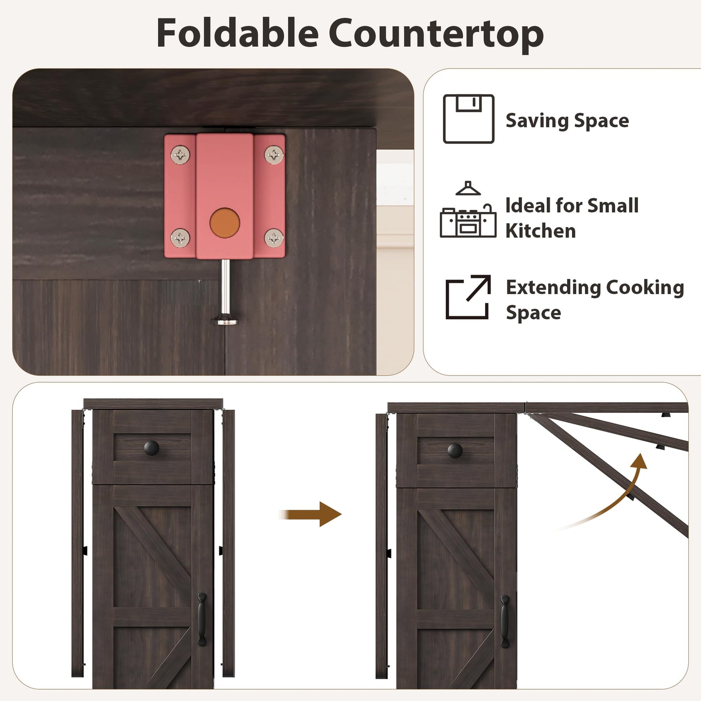 Jocoevol Space Saving Folding Dining Table, Farmhouse Foldable Dining Table with Drawer and 2-Layer Storage Shelf, 6 Wheels Multipose Expandable Kitchen Drop Leaf Table for Small Space (Dark Walnut)