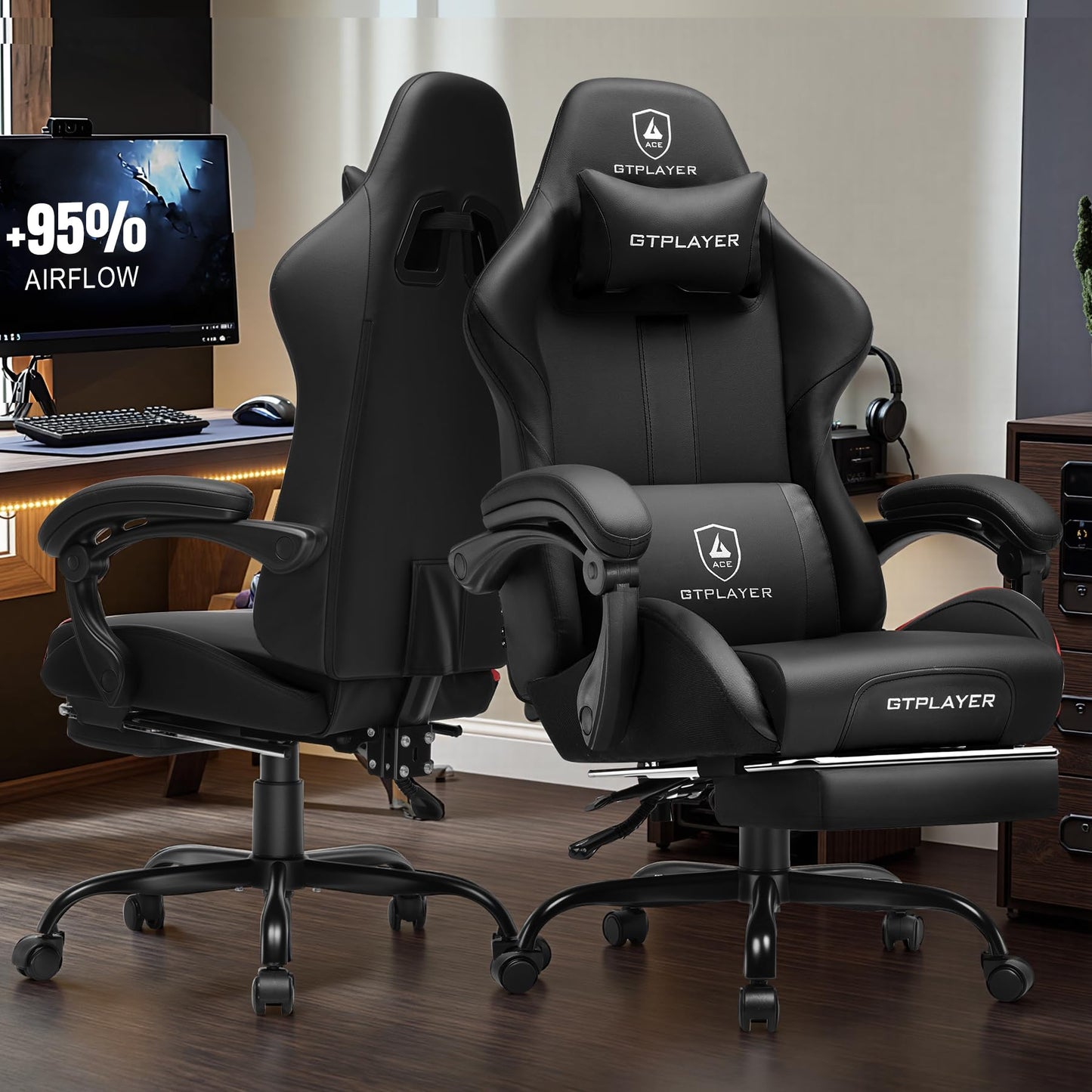 GTPLAYER Gaming Chair with Foot Rest & Pocket Spring Cushion, Ergonomic High Back Computer Chair with Headrest & 360°-Swivel Seat for Home Office Desk, PU Leather, Black