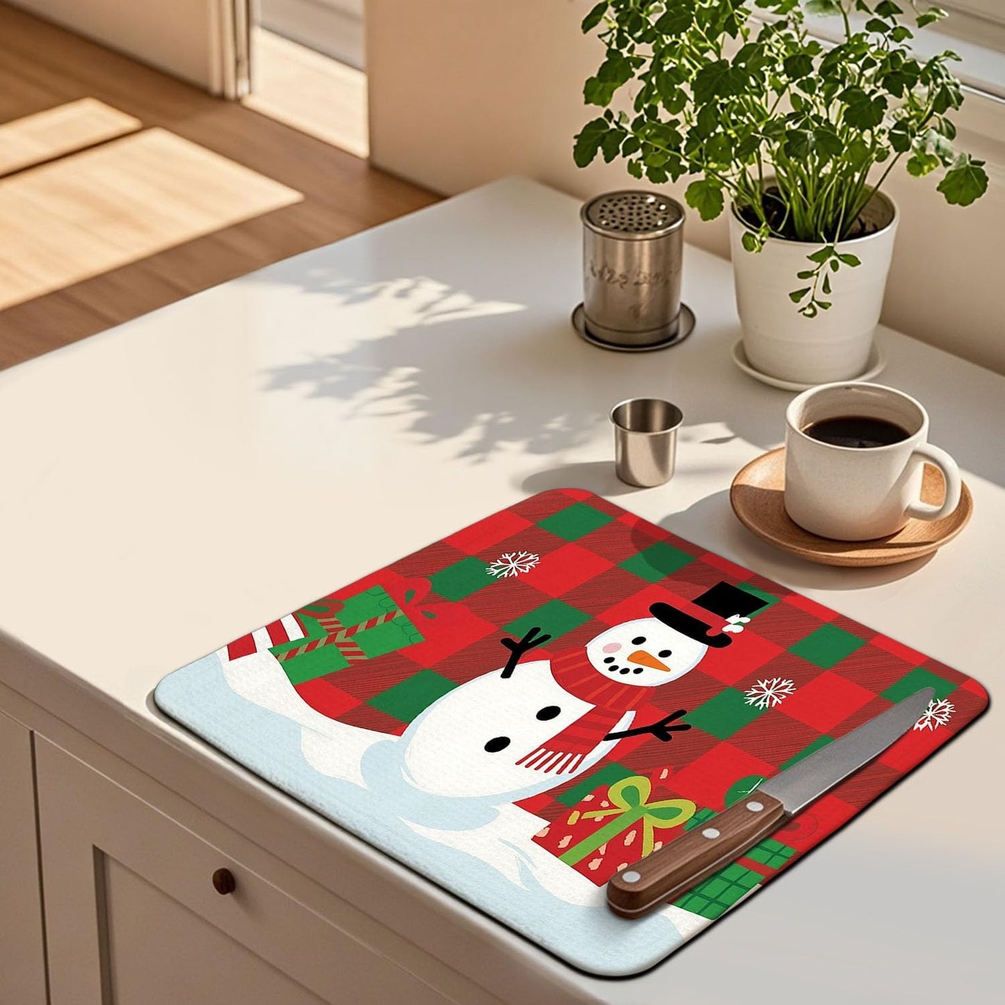 Christmas Drying Mat for Kitchen Counter 16" X 18" Christmas Dish Drying Mat for Kitchen Decor Red Snowman Xmas Drying Mats For Home Counter Drying Mats For Dishes Dish Mat Drying Mat
