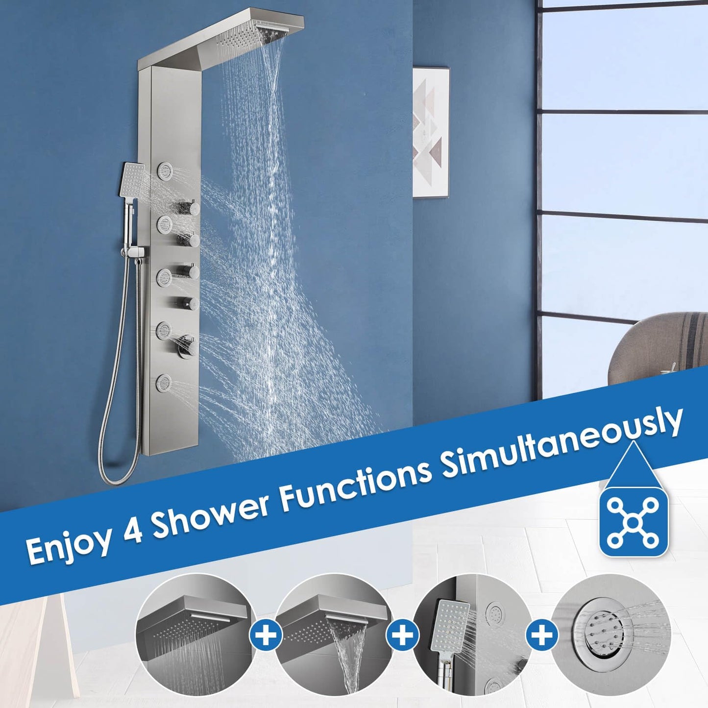 ROVOGO Shower Panel Tower with Rainfall Waterfall Shower Head, 5 Body Jets and 3-Function Handheld, High Pressure Rain Massage System, Wall-Mount Shower Column, Stainless Steel Brushed