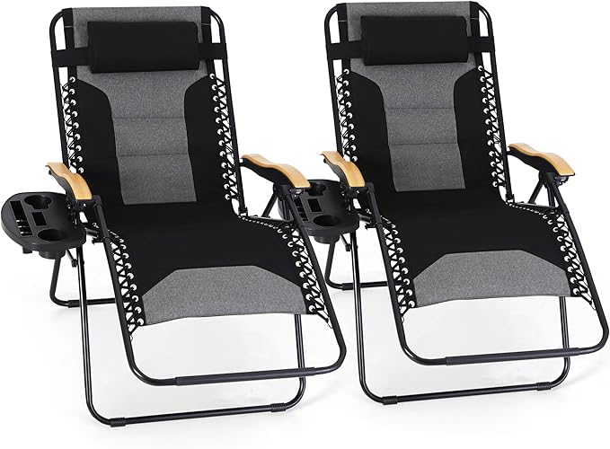 MAISON ARTS Oversized XXL Zero Gravity Chair Set of 2, 30" Wide Seat Padded Foldable Recliner, Anti Gravity Outdoor Lawn Chair for Poolside/Backyard/Beach, Supports 400lbs, Black & Grey