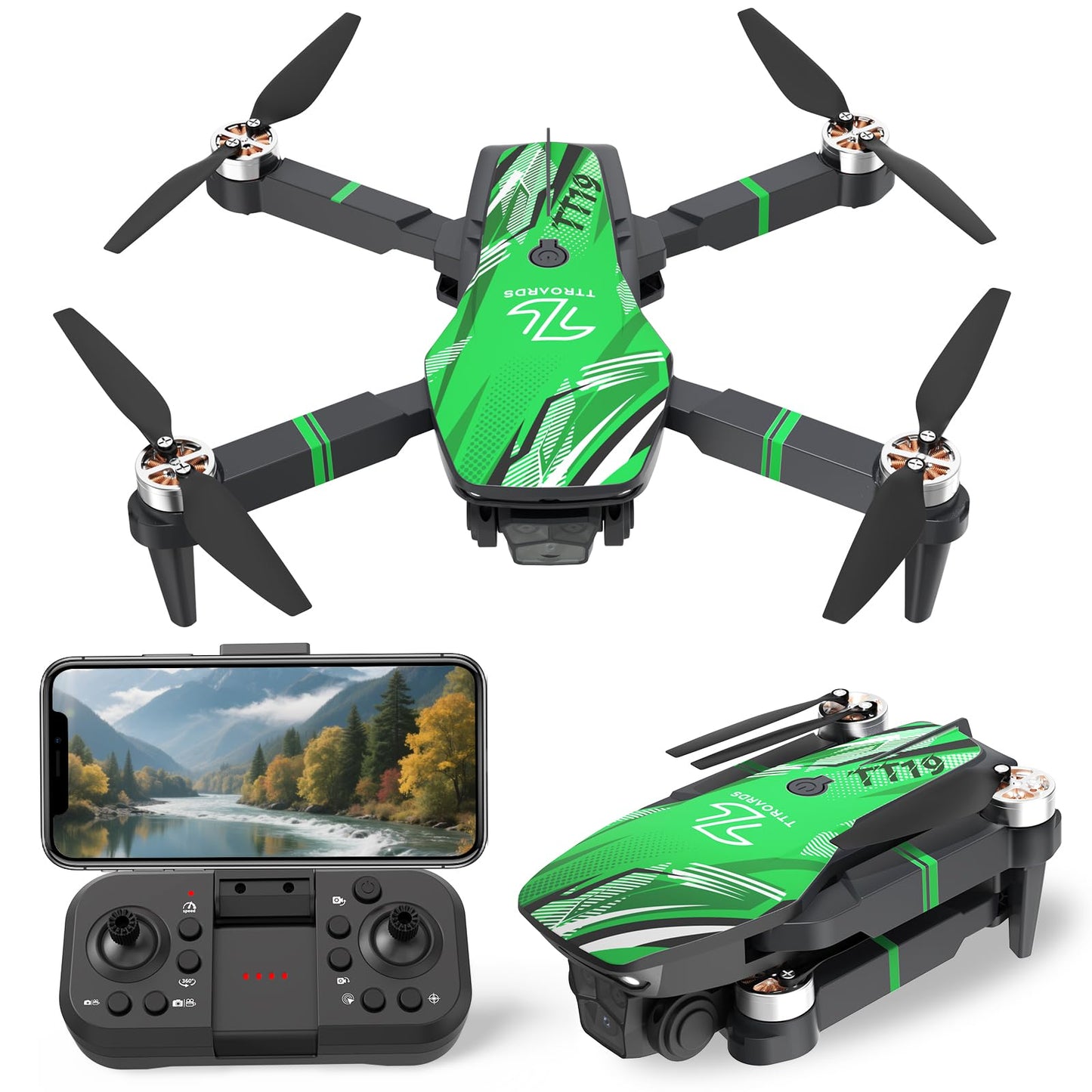 TTROARDS TT19 Drone with 1080P Camera for Adults, Drones with 270° Obstacle Avoidance Function, Brushless Motor, Level 3 Wind Resistance, Foldable Quadcopter Mini Drone for Beginners, Green